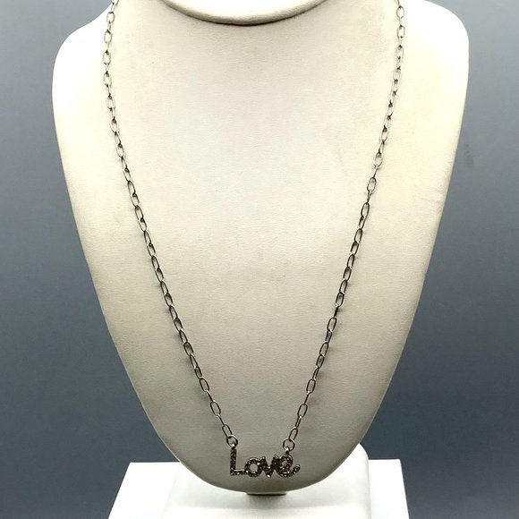 Retro Sparkle Love Spellout Necklace, Silver Tone Dainty Chain with Pave Crystal - Picture 3 of 4